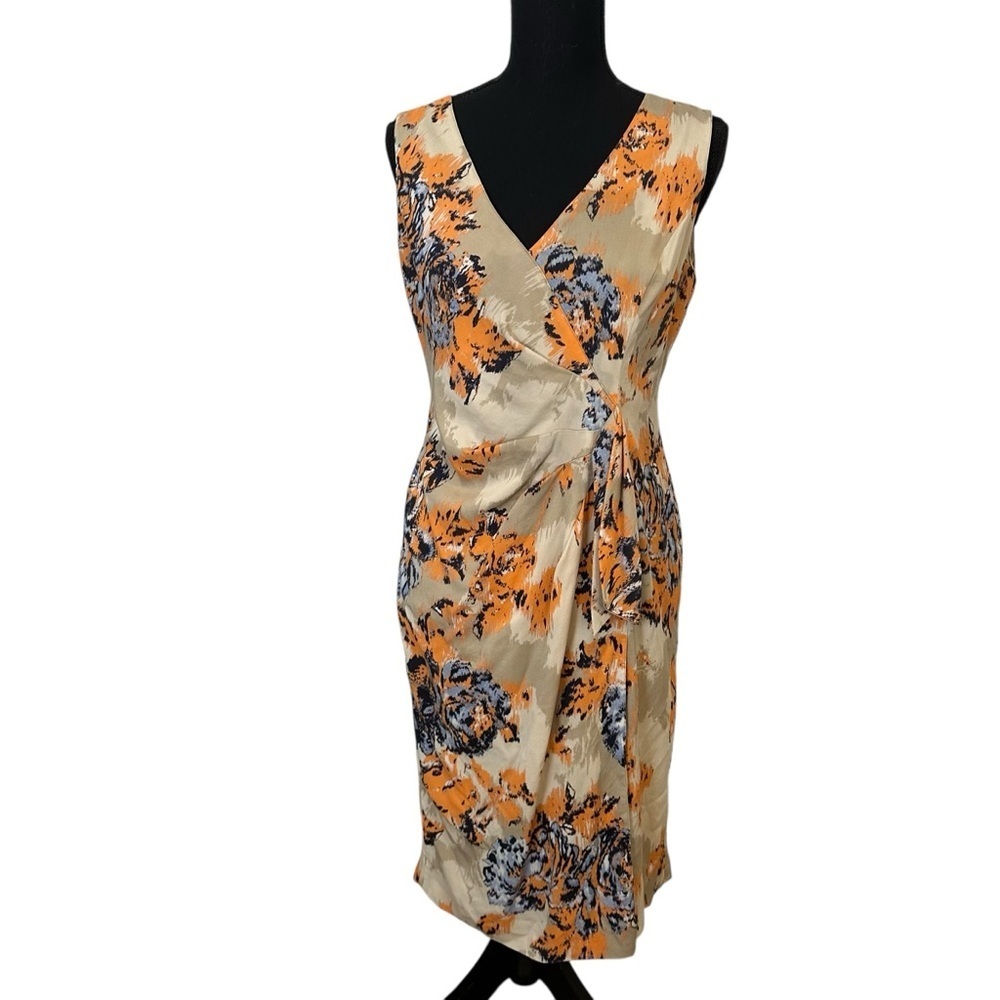 St. John Collection Silk Sheath Dress Floral Cream Tan Luxury Size 6 Small